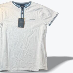 Marc Asher Mens Henley Shirt  White Blue Trim Short Sleeve Size Small